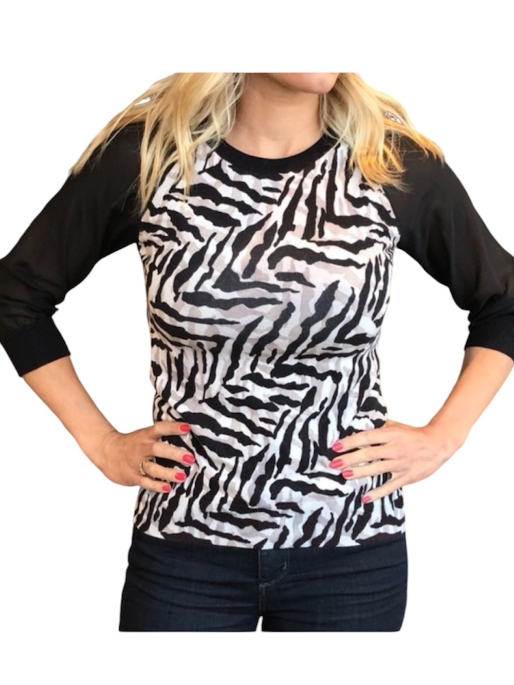 Karen Millen Zebra Print Sheer Sleeve Sweater Top Size 1/US Small Old Money Luxe